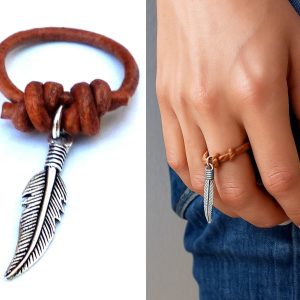 Bague cuir femme avec pendentif plume en Argent 925 massif artisanale