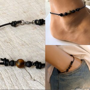 Bracelet au cheville homme pierre de lave oeil de tigre